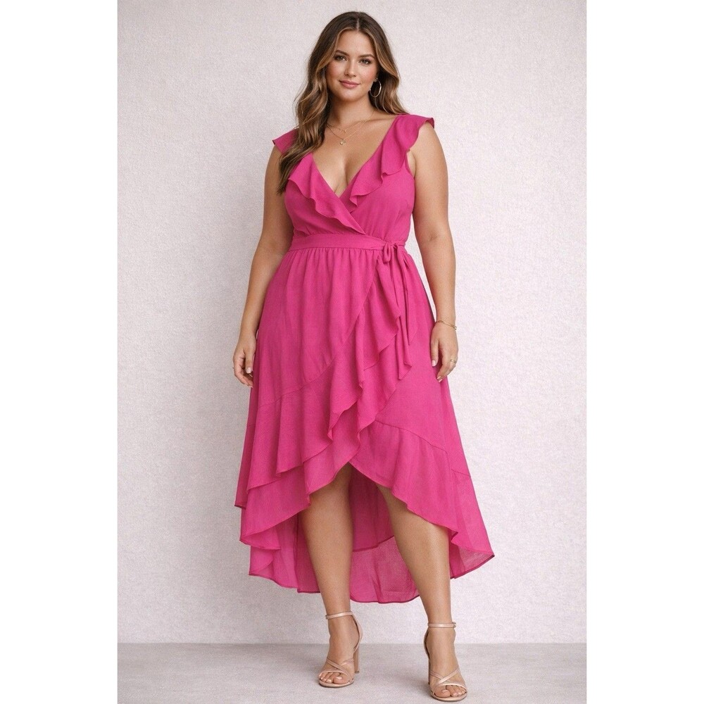 Miss Avenue Dress Womens Large Pink Wrap Ruffle High Low Hem Cross Cross Back